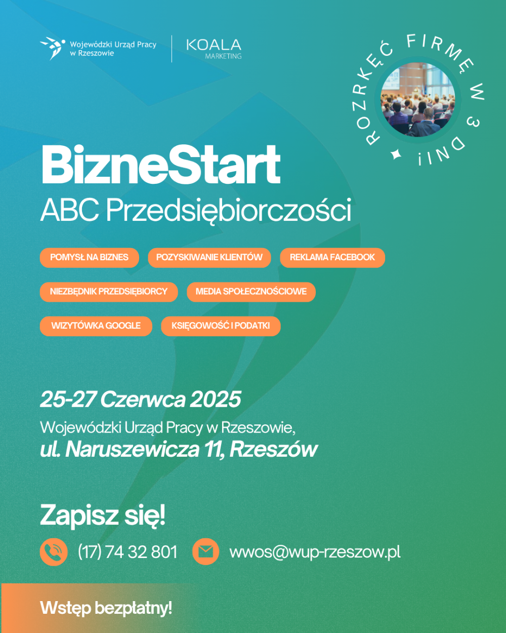 Grafika zapraszająca na darmowe warsztaty „BizneStart - ABC Przedsiębiorczości”